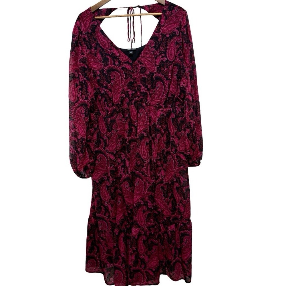 Torrid Dress Womens 1X Red Black Midi Paisley Babydoll Open Back Ruffle Hem